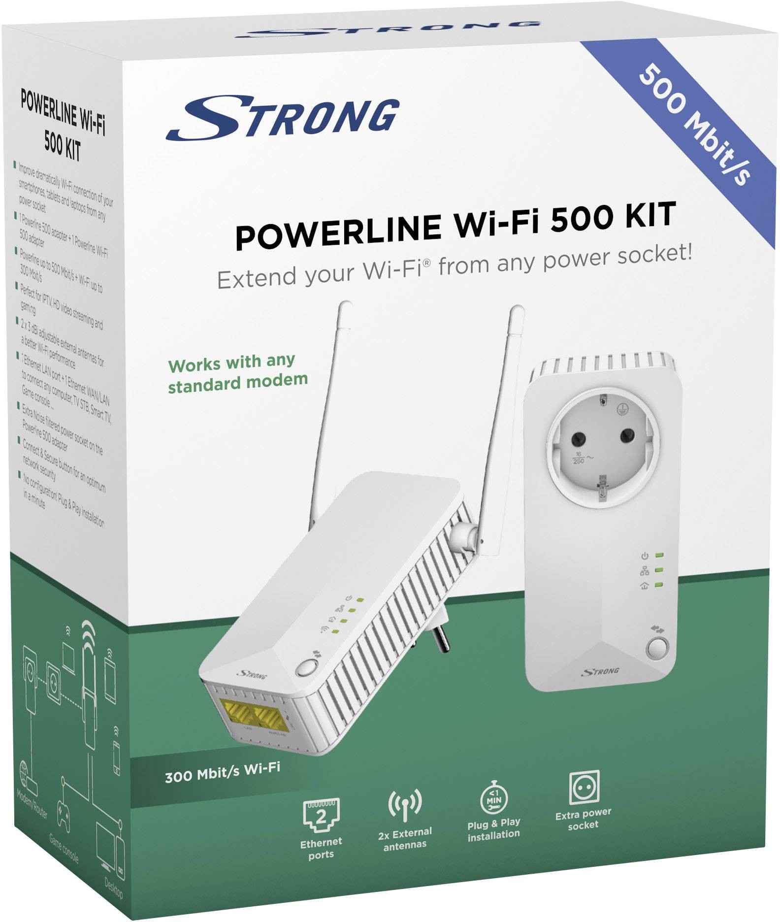 Strong 500 Kit Powerline WiFi, 2.4Ghz 300Mbps su Powerline, 2 Porta Ethernet, Plug and Play, HomePlug AV, 2 antenna Strong 500 Kit Powerline WiFi, 2.4Ghz 300Mbps su Powerline, 2 Porta Ethernet, Plug and Play, HomePlug AV, 2 antenna